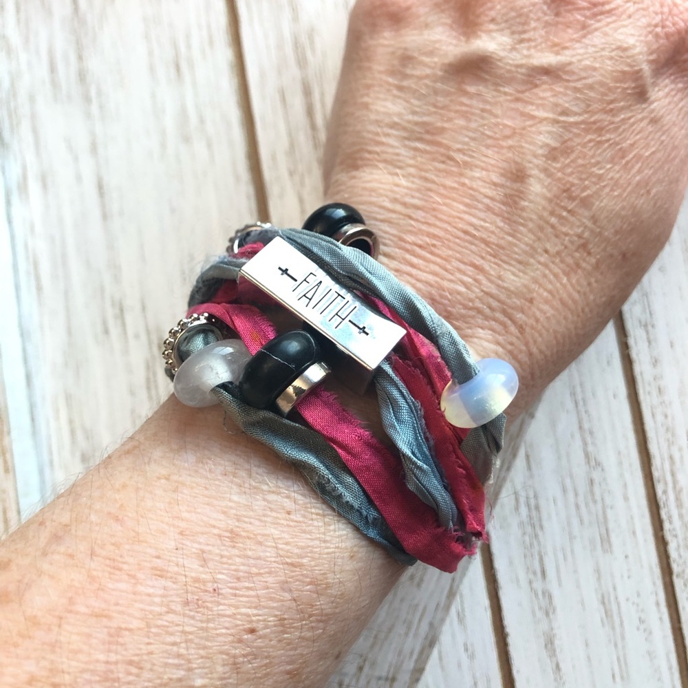 Handmade Sari Silk and Gemstone Faith Bracelet - Picture 7 of 7